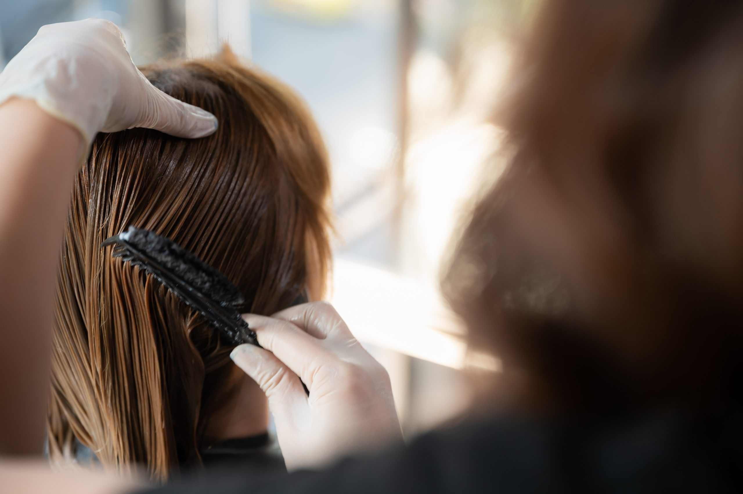 woman client person having a process to making treatment a hair with hairdresser in beauty salon